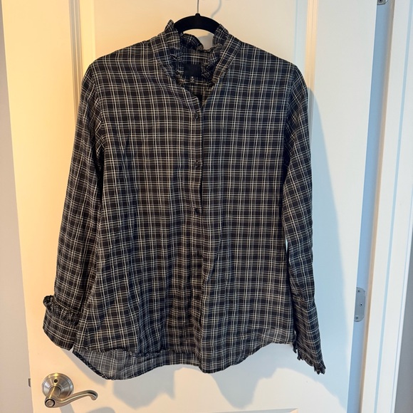 Nili Lotan Black Plaid Vivian Shirt Cotton Ruffle Collar Button Up | M - Picture 4 of 9